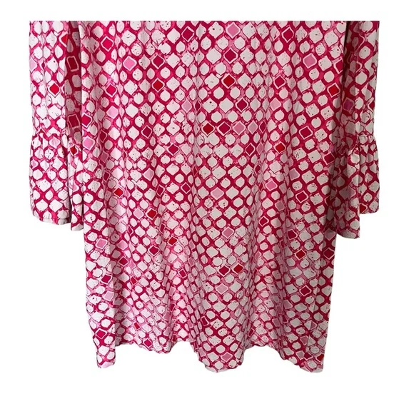 Ibkül Pink White Geo Print Long Mesh Sleeve 1/4 Popover Shift Active Dress Sz L - Picture 8 of 13